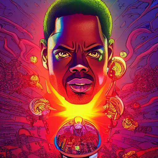 Image similar to the second coming of chris rock, by dan mumford and ross tran, cosmic, terrifying, demon rays, intricate detail, cinematic, 8 k, cel shaded, unreal engine, featured on artstation, pixiv