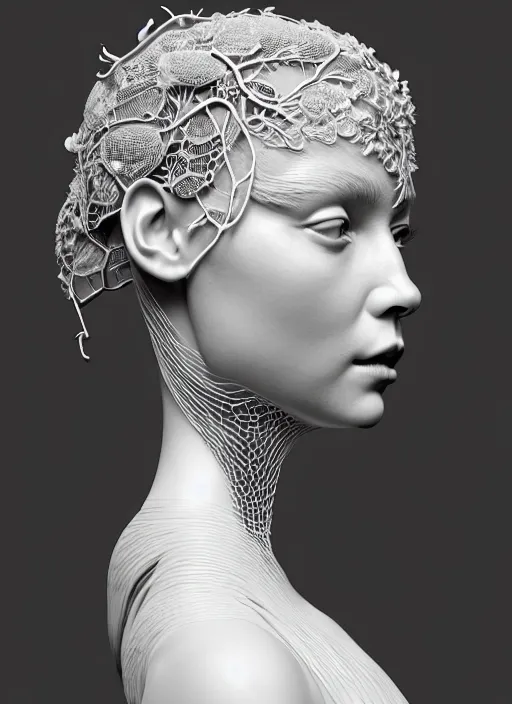 Prompt: complex 3d render ultra detailed of a beautiful porcelain profile woman face, black eyes, mechanical vegetal dragon cyborg, 150 mm, beautiful natural soft light, rim light, silver vanilla details, neural network, synapsis, magnolia big leaves and stems, roots, fine foliage lace, maze like, mesh wire, intricate details, hyperrealistic, ultra detailed, mandelbrot fractal, anatomical, white metal neocubism armor, facial muscles, cable wires, microchip, elegant, octane render, black and white, H.R. Giger style, 8k, trending on Artstation, unreal engine