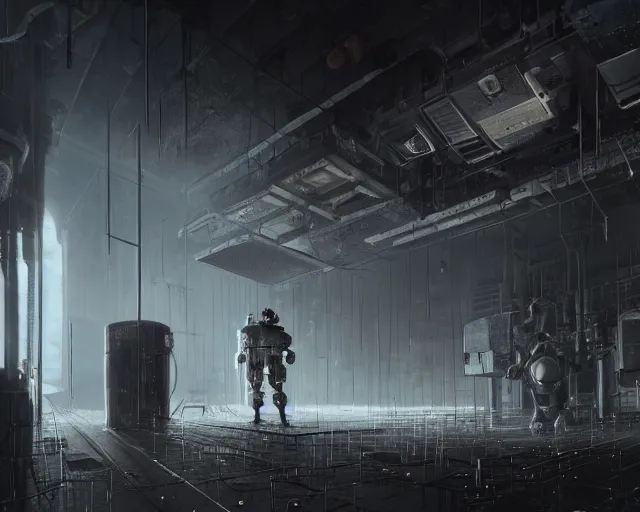 Image similar to gloomy ruined server room in datacenter robot figure automata headless robot knight colossus welder posing pacing fixing soldering mono sharp focus, emitting diodes, smoke, artillery, sparks, racks, system unit, motherboard, by pascal blanche rutkowski repin artstation hyperrealism painting concept art of detailed character design matte painting, 4 k resolution blade runner