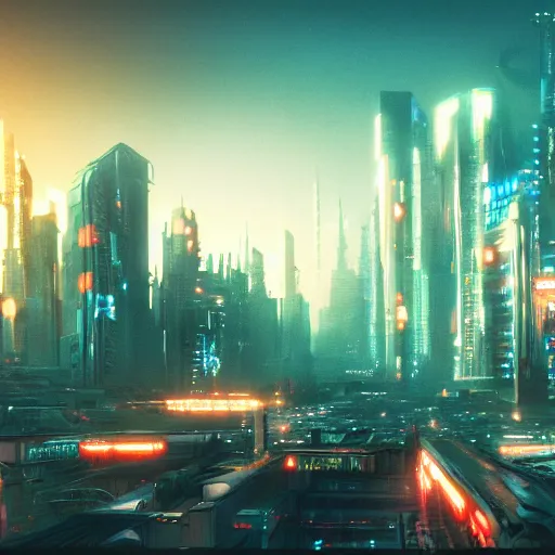 Image similar to cyberpunk city, sunrise, landscape, intricate, detailed, volumetric lighting, scenery, photorealistic, highly detailed, sharp focus, neonlights, 2 0 7 7, blade runner, digital painting, artstation