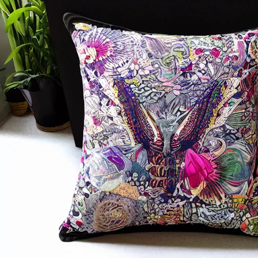 Image similar to the most amazing pillow every made, product shot, intricate, fine detail, full maximalist print