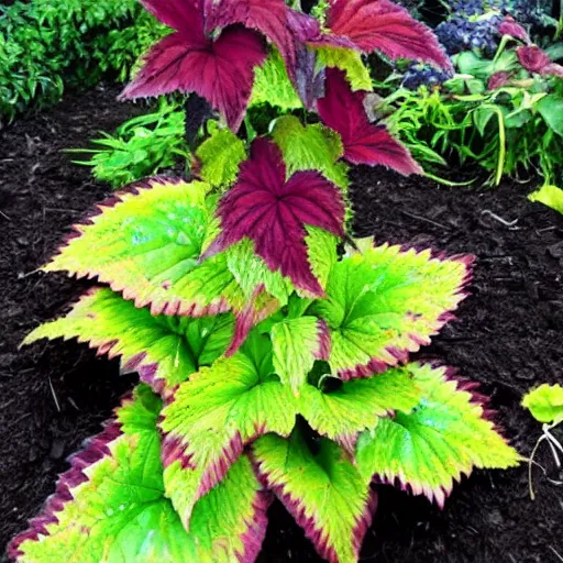 Prompt: goth garden gorgeous dark plants pretty, coleus, sweet potato vine