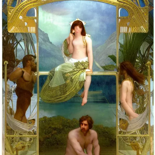 Image similar to The palace on the clouds, moon reflecting on the water, thunderstorm, greek pool, beach and Tropical vegetation on the background major arcana sky, by paul delaroche, alphonse mucha and arnold böcklin, hyperrealistic 8k, award-winning, very very very detailed