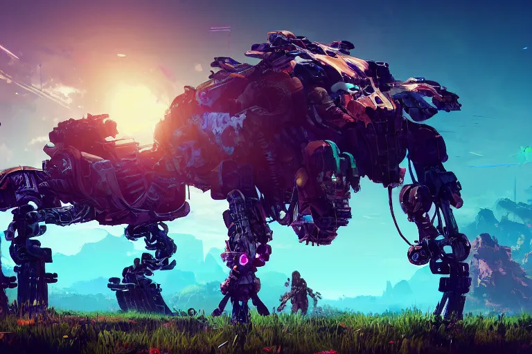 Image similar to grazer machine mecanical creature robot of horizon forbidden west horizon zero dawn bioluminiscence global illumination ray tracing hdr fanart arstation by ian pesty and alena aenami artworks in 4 k