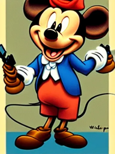 Image similar to an anthropomorphic mouse holding two guns, art by walt disney