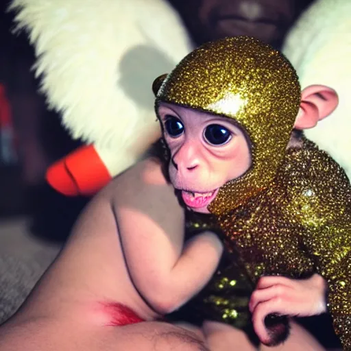 Image similar to tiny monkey beating the crap out of a glittery princess