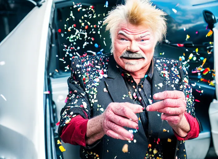 Image similar to photo still of rip taylor at a car accident scene!!!!!!!! at age 5 4 years old 5 4 years of age!!!!!!! throwing confetti from a bucket, 8 k, 8 5 mm f 1. 8, studio lighting, rim light, right side key light