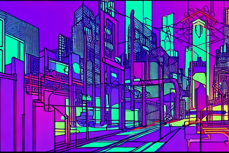 Prompt: art nouveau, fauvism, neon geometric inks, cyberpunk, fantasy landscape, wireframe datascape village.