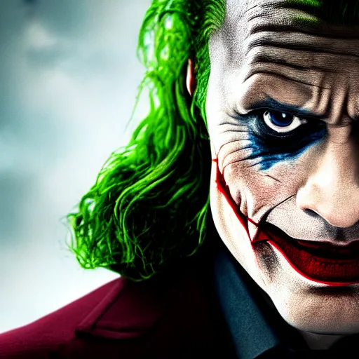 Image similar to dwayne johnson as the joker, cinematic, studio photography, high detail, ultra high detail, 4 k, hdr, 8 k