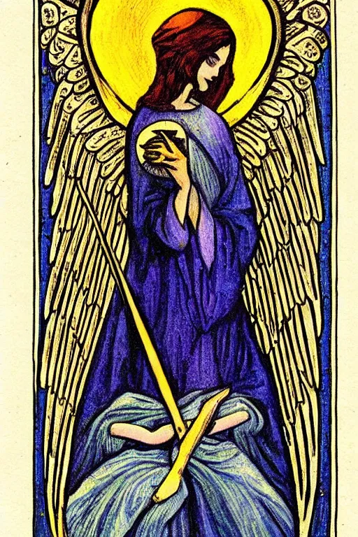 Image similar to a Tarot card depicting an angel, in the style of art nouveau