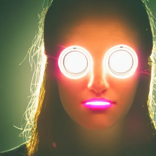 Prompt: photo of young woman, close up, with a cyberpunk camera over right eye with led lights, robotic implants over face, small led lights, white background, fine art photography in the style of Bill Henson