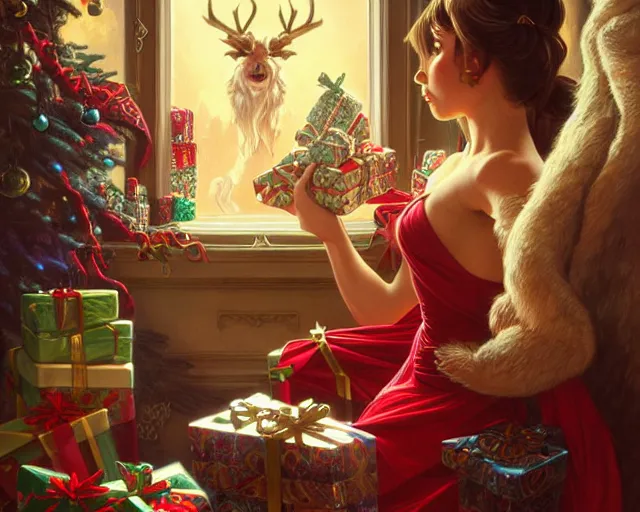 Image similar to opening presents at christmas 1 9 8 0's, deep focus, d & d, fantasy, intricate, elegant, highly detailed, digital painting, artstation, concept art, matte, sharp focus, illustration, hearthstone, art by artgerm and greg rutkowski and alphonse mucha