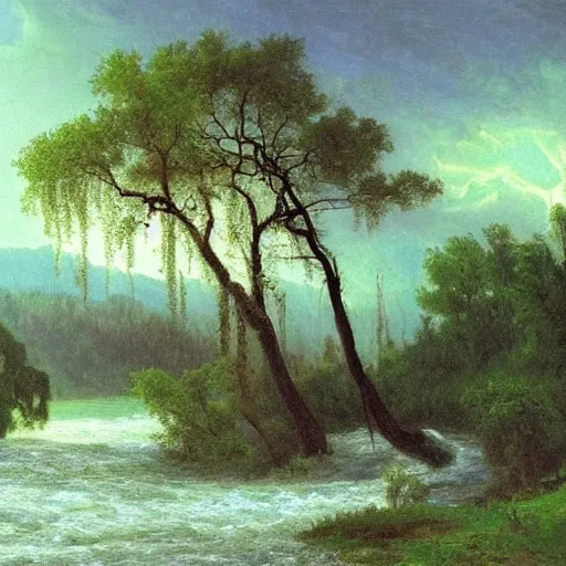 Prompt: oil painting of a willow tree next to a raging river by albert bierstadt, beautiful lighting - h 7 0 4