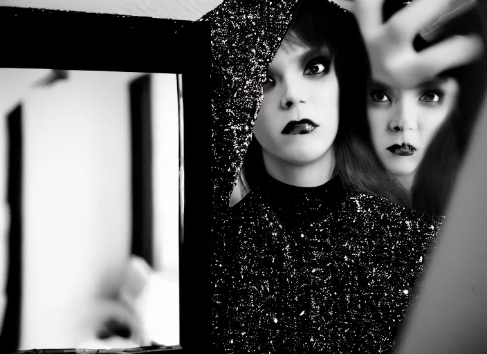 Image similar to cinestill 5 0 d candid photographic portrait by quentin tarantino of a beautiful feminine man wearing black techwear and glitter makeup looking in a broken bathroom mirror, cramped new york apartment, full shot, retrofuturism cyberpunk cinematic, 8 k, hd, high resolution, 3 5 mm, f / 3 2, ultra realistic faces, clockwork orange