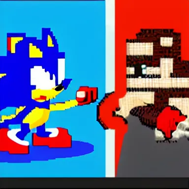 Image similar to sonic fighting with ryu un street fighter video game. pixel art, trending on artstation