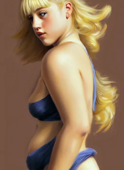 Image similar to full body portrait, teenage lili reinhart, blonde hair, obese, bangs, ponytail, sultry, realistic, sultry smirk, fluffy bangs, curly bangs, fat, belly, intricate, elegant, highly detailed, digital painting, artstation, concept art, smooth, sharp focus, illustration, art by wlop, mars ravelo and greg rutkowski