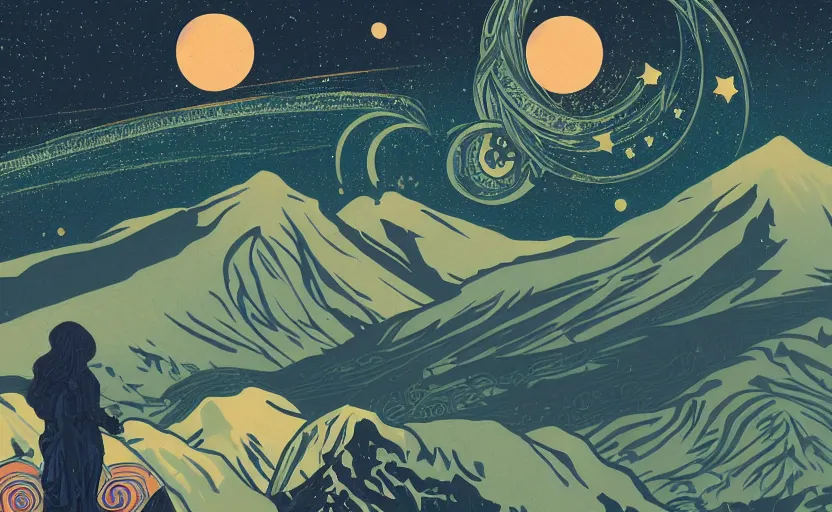 Prompt: mountains, stars and paisley filled sky, artstation, intricate, highly detailed, digital painting, concept art, sharp focus, illustration by Tom Whalen and Alphonse Mucha