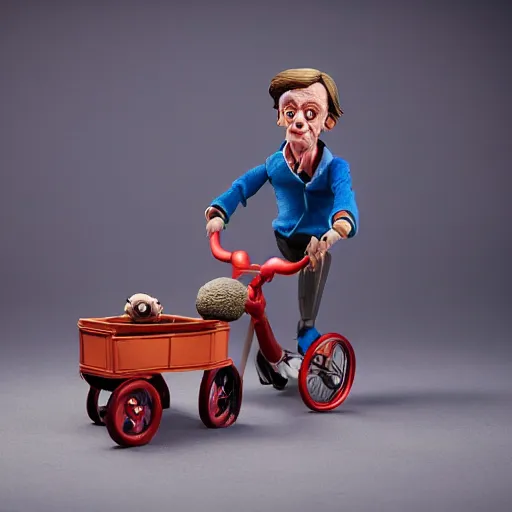 Image similar to product photography of a claymation action figure steve buscemi riding a children's tricycle, depth of field, zeiss lens, detailed, centered, by nicoletta ceccoli, mark ryden, erwin olaf, earl nore, frank frazetta, breathtaking, 8 k resolution, extremely detailed, beautiful, establishing shot, hyperrealistic