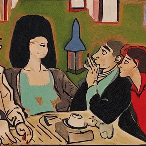 Prompt: The art installation depicts two people, a man and a woman, sitting at a table. The man is looking at the woman with a facial expression that indicates he is interested in her. The woman is looking at the man with a facial expression that indicates she is not interested in him. There is a lamp on the table between them. black velvet by Dorothy Lathrop subtle