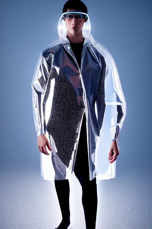 Image similar to an ultra high definition professional high fashion portrait studio full length photograph of a male model wearing a transparent pearlescent raincoat and neon visor in an icelandic black rock environment at dawn. no artefacts. extremely detailed. stark. refraction. shallow depth of field. volumetric light and shadow. ray tracing. light rays.