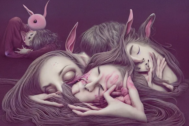 Image similar to Keeping you sane, And you fade away just enough, You felt the edge again, You took two pills And you fell asleep, Hugging six rabbits And having pink nightmares, concept art, trade on artstation, sharp focus, psychedelic, by Yoshitaka Amano, Mark Ryden, Zdzisław Beksiński, Gloom, Extremely high detail, realistic, fantasy art, masterpiece, Hyperrealism. Subsurface scattering. Octane Render. Weirdcore