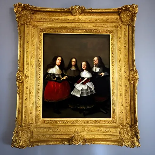 Prompt: oil canva family portrait in the main room of the castle painted in 1 6 5 6 inspired by las meninas, spaces between subjects and good detail and realistic faces by diego velasquez better quiality