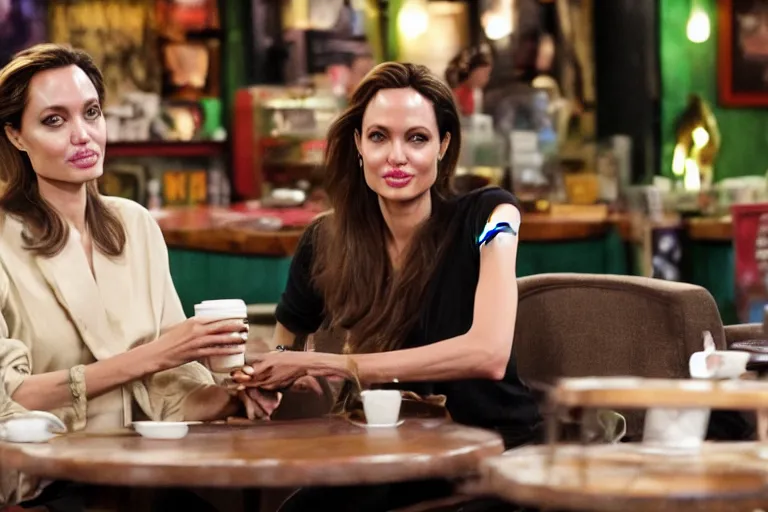 Image similar to Angelina Jolie and The Predator alien, best friends, drinking coffee at central perk, still photo, hyperrealistic, 35mm, 8k, by weta digital