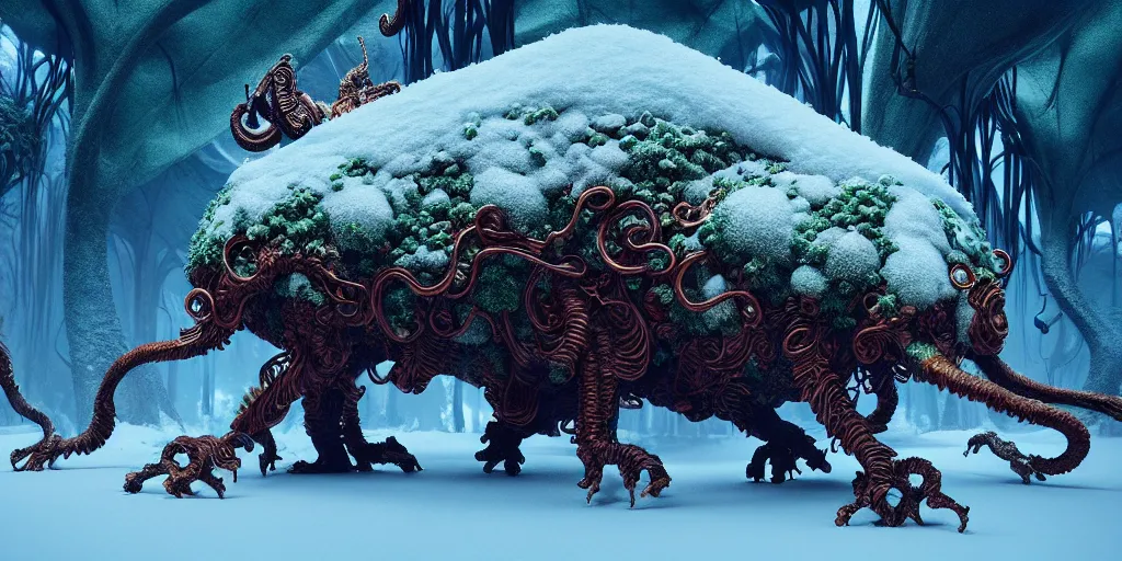 Image similar to a giant creature in a lush trunda vegetation, snow snow : : by michal karcz, daniel merriam, victo ngai and guillermo del toro : : ornate, dynamic, particulate, intricate, elegant, highly detailed, centered, artstation, smooth, sharp focus, octane render, 3 d