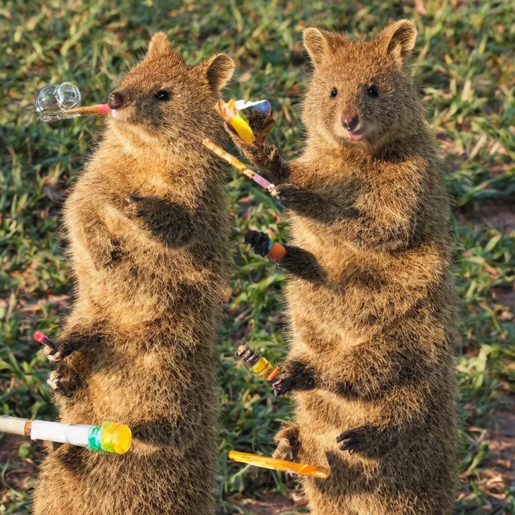 Image similar to happy quokka taking a smoking a bong and eating candy, golden hour, ultra realistic