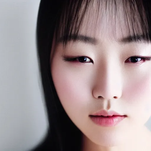 Image similar to photo portrait of beautiful Japanese women with perfect eyes and simetrical face, she have delicate traditional make up, holding a feather cinematic light, 8k,, akira kurosawa style