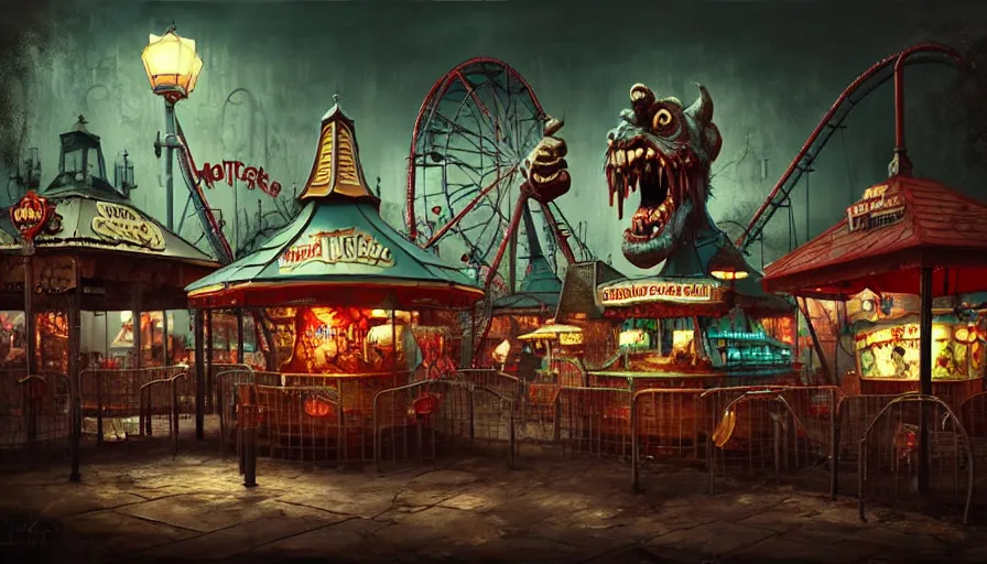 Image similar to michal karcz grunge painting of an amusement park, monster and horror theme. Horror-themed food booths and restaurants in the background. carrousel, monster theme, detailed, elegant, intricate, 4k,