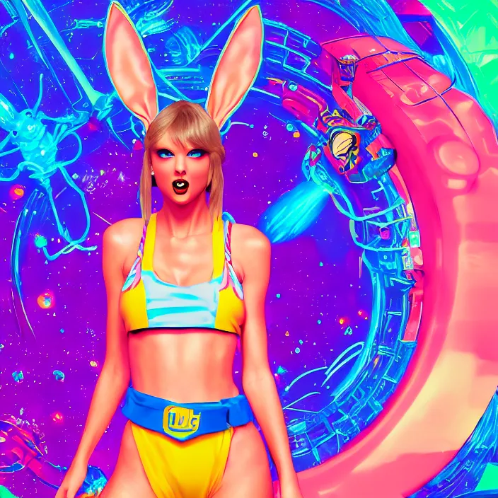 Image similar to portrait of Taylor Swift as Lola Bunny in Space Jam 1996. bunny ears. intricate abstract. intricate artwork. by Tooth Wu, wlop, beeple, dan mumford. octane render, trending on artstation, greg rutkowski very coherent symmetrical artwork. cinematic, hyper realism, high detail, octane render, 8k, iridescent accents