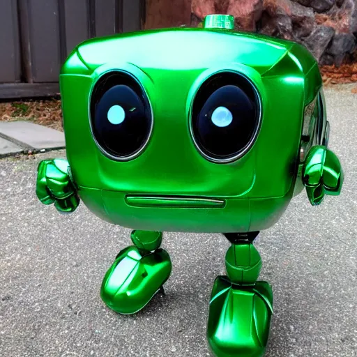 Image similar to real life photo of a shiny little green robot smiling