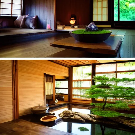 Image similar to inside a cozy dark wooden Japanese house with a indoor koi pond, bonsai trees, stream flowing through the house,fireflies, wild flowers, raining, bamboo forest, night time