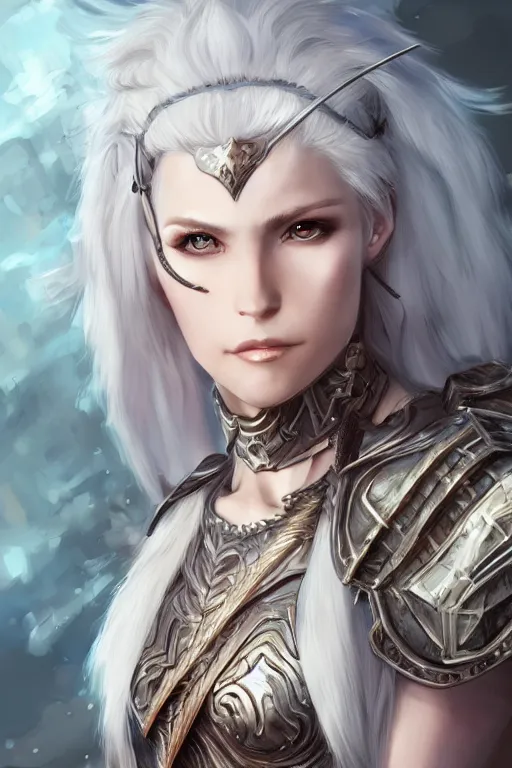 Image similar to A realistic anime portrait of a white haired female barbarian wearing an intricate armor, digital painting, by Stanley Artgerm Lau, Sakimichan, WLOP and Rossdraws, digtial painting, trending on ArtStation, SFW version