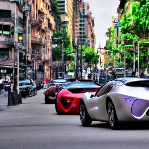 Image similar to Buenos Aires Argentina, futuristic cars in the street, holograms in the street, detailed, hd