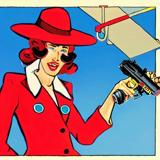 Image similar to carmen sandiego shooting a mace gun, high - res, art by dr. seuss