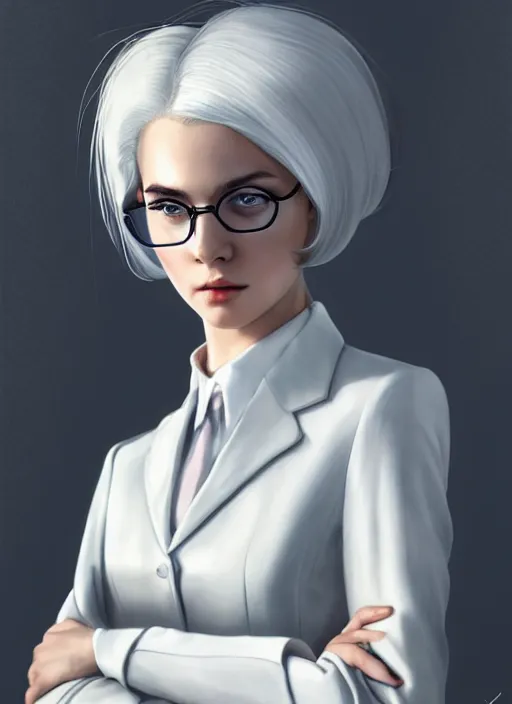 Prompt: beautiful young girl with white hair, wearing white suit and glasses, standing inside a research facility, character portrait, 1 9 6 0 s, short hair, intricate, elegant, highly detailed, digital painting, artstation, concept art, smooth, sharp focus, illustration, art by wlop, mars ravelo and greg rutkowski