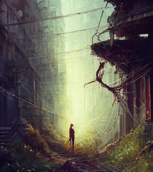 Prompt: highly detailed graffiti of spiderweb, stephen bliss, unreal engine, unreal engine art by greg rutkowski, loish, rhads, ferdinand knab, makoto shinkai and lois van baarle, ilya kuvshinov, rossdraws, tom bagshaw, reflective global illumination, god rays, detailed and intricate environment