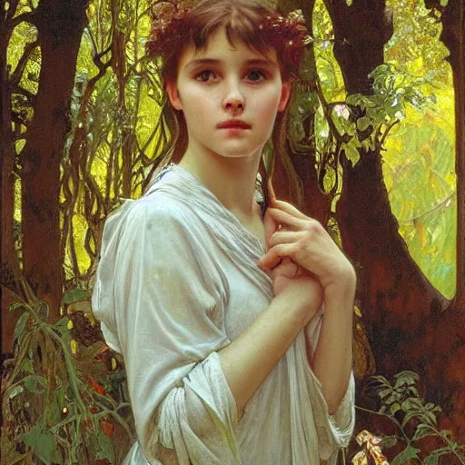 Image similar to a detailed, beautiful portrait oil painting of a girl who looks an 1 8 - year - old actress, with a surprised expression in an ancient forest, by donato giancola, alphonse mucha, and john williams waterhouse