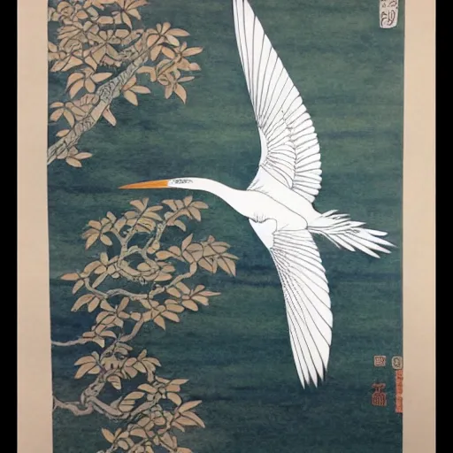 Image similar to a flying egret, traditional japanese tattoo illustration