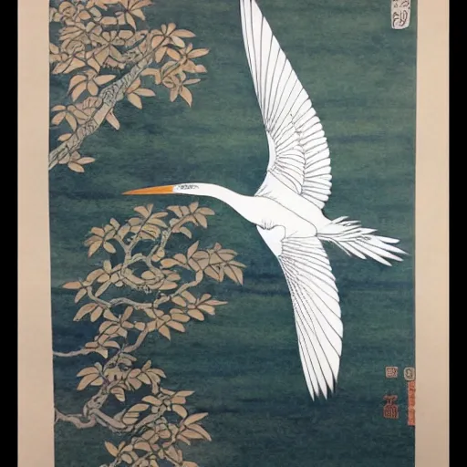 Prompt: a flying egret, traditional japanese tattoo illustration