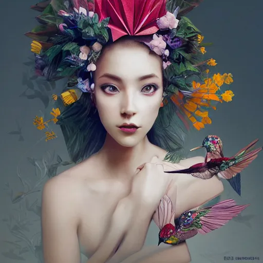 Image similar to 3 / 4 view of a beautiful girl wearing an origami dress, eye - level medium shot, fine floral ornaments in cloth and hair, hummingbirds, elegant, by eiko ishioka, givenchy, by peter mohrbacher, centered, fresh colors, origami, fashion, detailed illustration, vogue, japanese, reallusion character creator