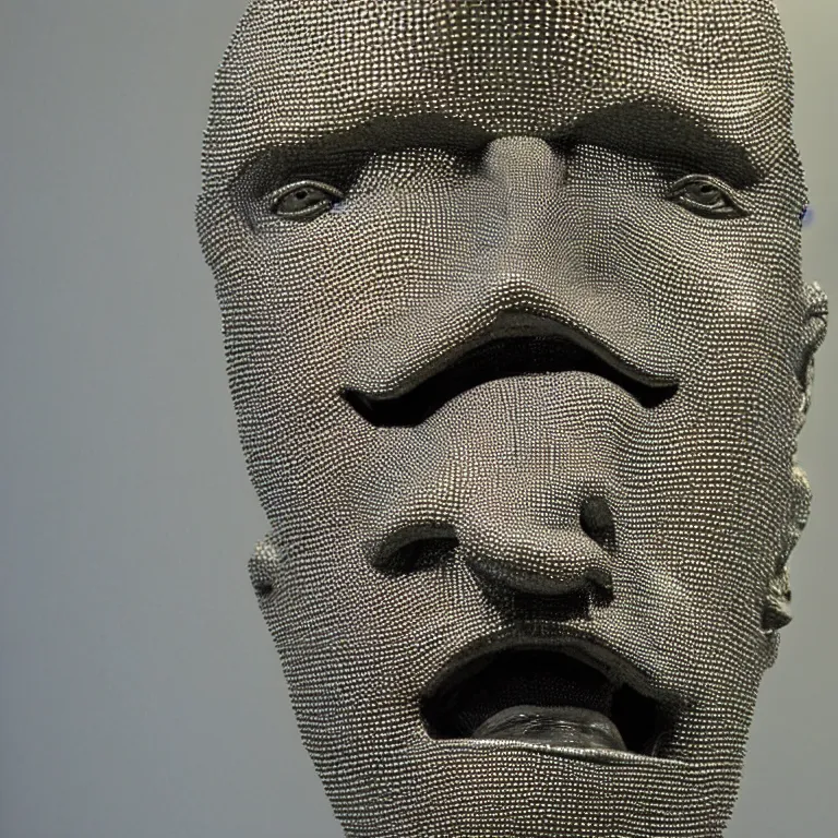 Prompt: enormous geometric accurate sculpture of james taylor sticking out his tongue, beautiful symmetrical!! face accurate face detailed face realistic proportions, made of chain mail and plate armor on a pedestal by ron mueck and frank frazzetta, cinematic lighting shocking detail 8 k