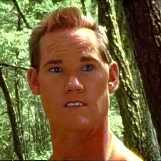 Prompt: zack morris prowling in the woods found footage