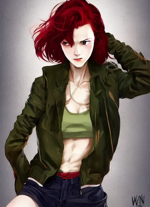 Image similar to full-body shot of an attractive tomboy girl with long, crimson red hair and red eyes, wearing a brown, open jacket and green jeans with a stern look, concept art, character design, by WLOP, by Ross Draws, by Tomine, by Satoshi Kon, by Rolf Armstrong