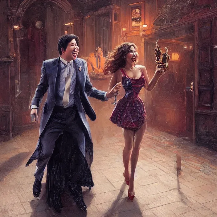 Image similar to portrait of michael mcintyre leaving a bar holding a singing waitress, elegant, real life skin, intricate artwork, high detailed, artstation, concept art, smooth, sharp focus, art by artgerm and greg rutkowski