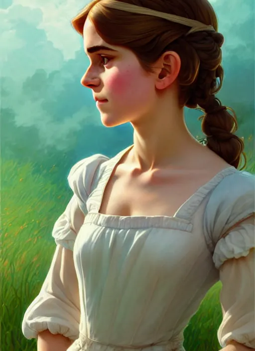 Image similar to cute milkmaid emma watson, natural lighting, path traced, highly detailed, high quality, digital painting, by don bluth and ross tran and studio ghibli and alphonse mucha, artgerm