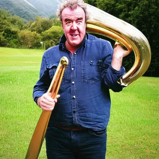 Prompt: Jeremy Clarkson holding a big horn.