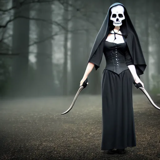 Image similar to photograph of the grim reaper in a maid outfit, 8k resolution, high detail, ULTRA REALISTIC VFX, reflections